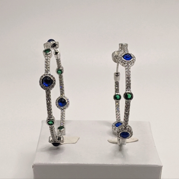 Blue/ Green Gemstone Hoop Earrings, Tennis Bracelet  Ring Matching set S. Silver - Picture 14 of 15